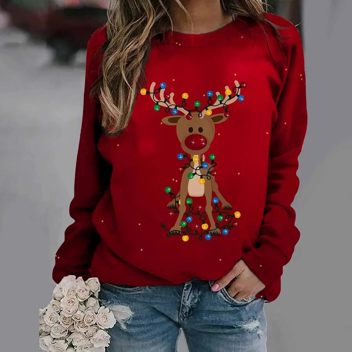 LuxeOrbit Red women's Christmas sports shirt reindeer snowflake round neck long sleeved plus size top