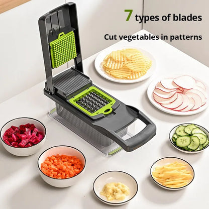 LuxeOrbit 1Pc Green Black 12 in 1 Multifunctional Vegetable Slicer Cutter Shredders Slicer With Basket Fruit Potato Chopper Carrot Grater