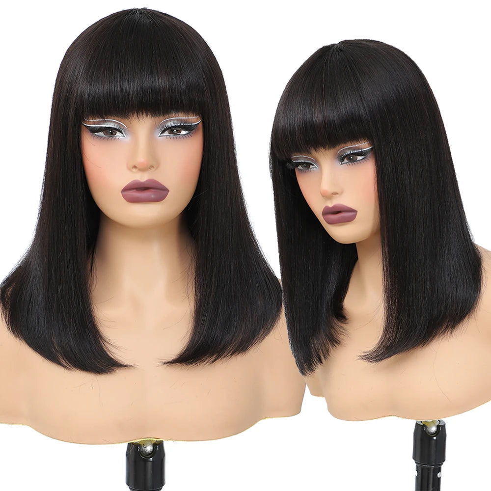 Short Bob Wig with Bangs Straight Human Hair Bob with Bangs Wig Human Hair 180% Density Straight Bang Bob Wig For Women