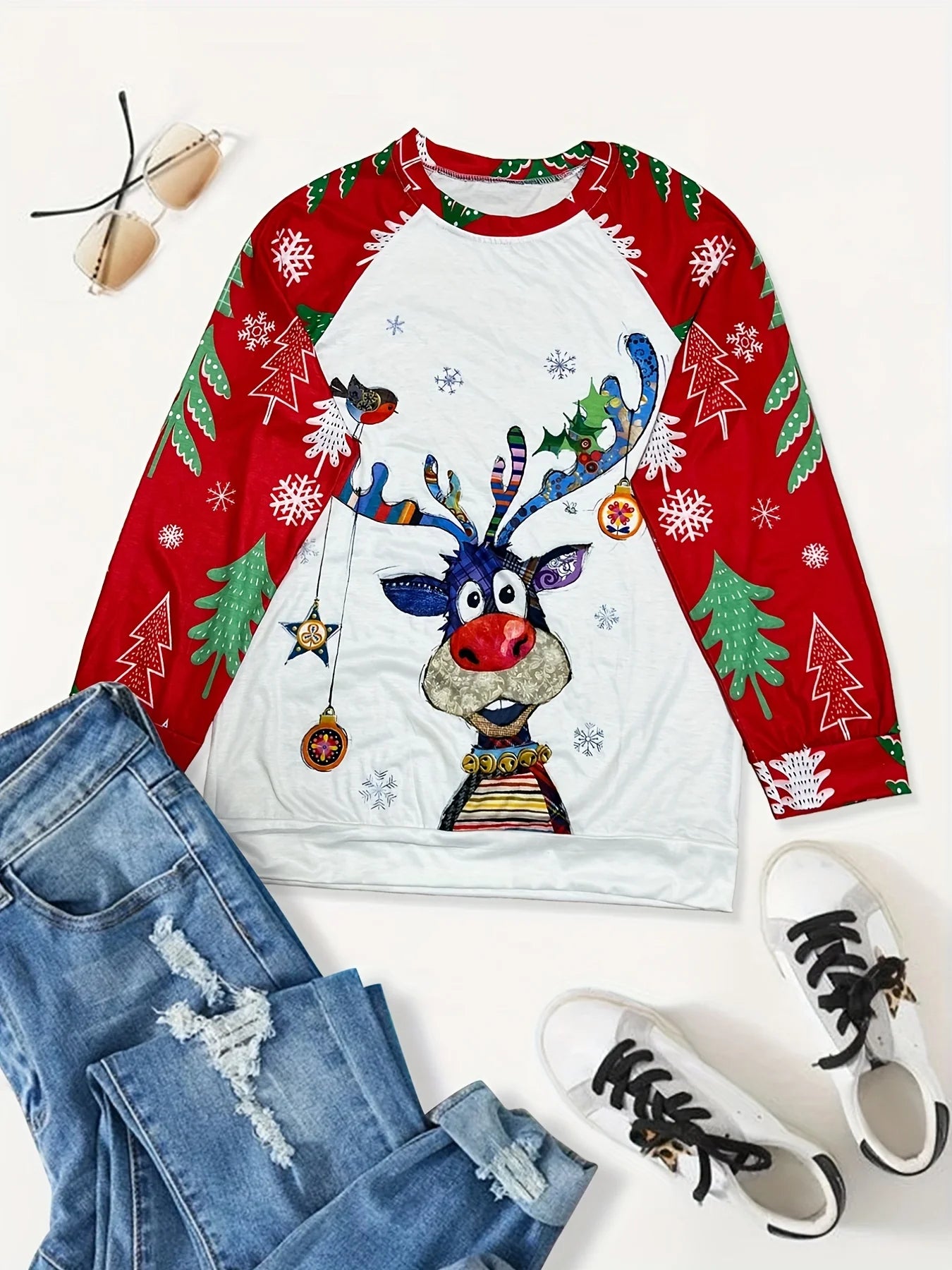 LuxeOrbit Cozy Christmas Elk Print Crew Neck Pullover Sweatshirt - Regular Fit, Long Sleeve, - Casual Womens Clothing For All Seasons