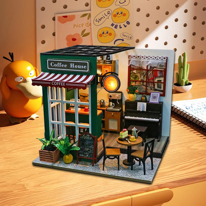 LuxeOrbit DIY 3D Puzzles Wooden Toy Miniature Dollhouse Handmade Doll House Model Building Kits Coffee House Toys For Children Gifts