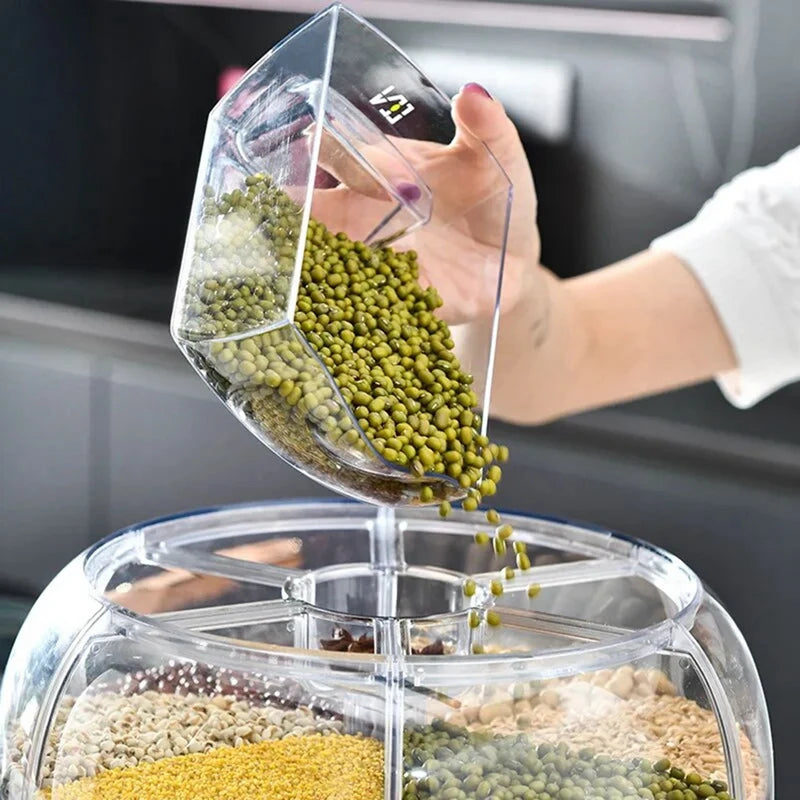 LuxeOrbit 360° Rotating Grain Dispenser Transparent Sealed Jar Circular Kitchen Rice 1 Pcs