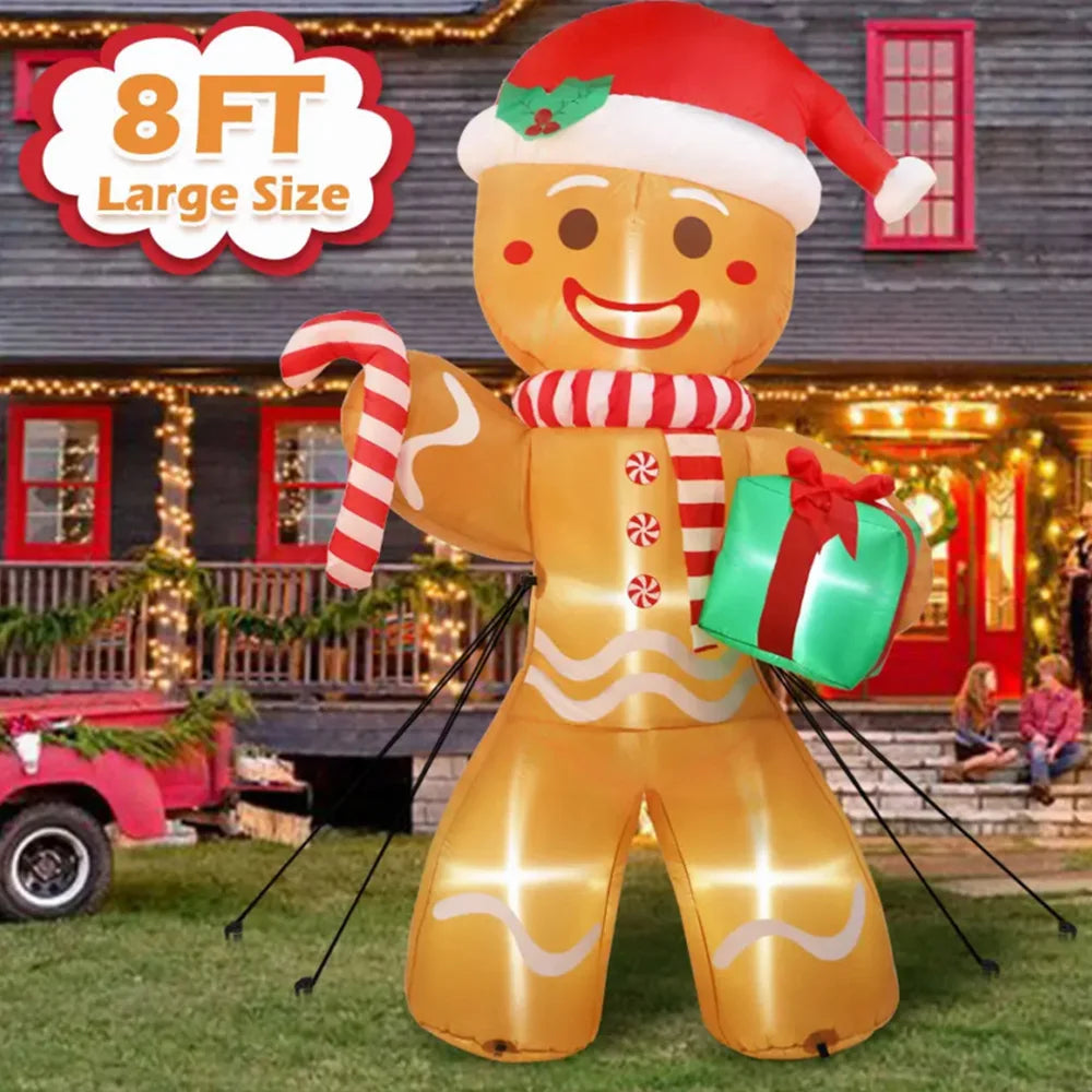 LuxeOrbit 8FT/2.4M Christmas Inflatables Gingerbread Man with Gift Pack Outdoor Decorations Xmas Yard Decorations with LED Lights for Lawn