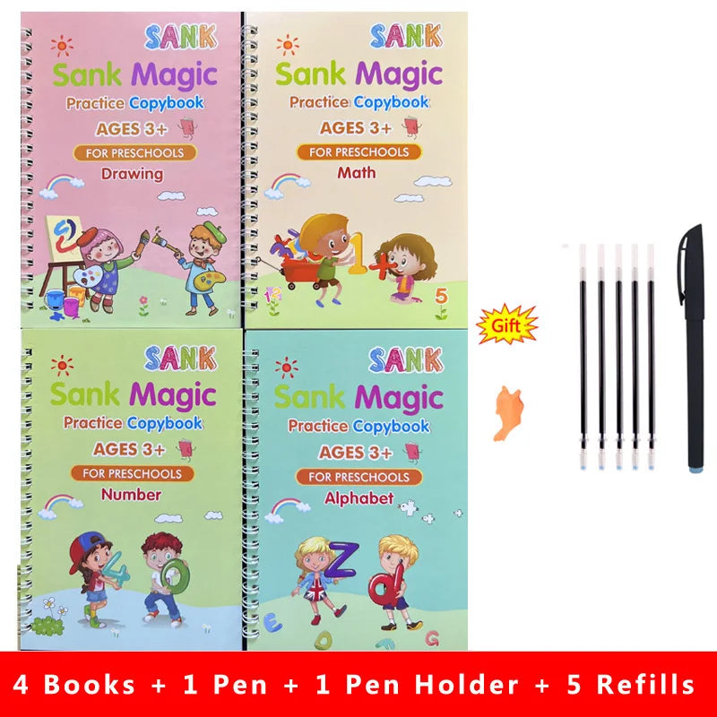 LuxeOrbit 4pcs Sank Magic Practice Copybook Pen Preschools Kids Calligraphy English Verison Free Wiping Children Reusable Writing Book