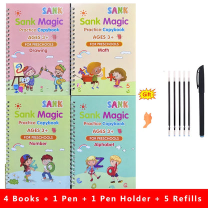 LuxeOrbit 4pcs Sank Magic Practice Copybook Pen Preschools Kids Calligraphy English Verison Free Wiping Children Reusable Writing Book