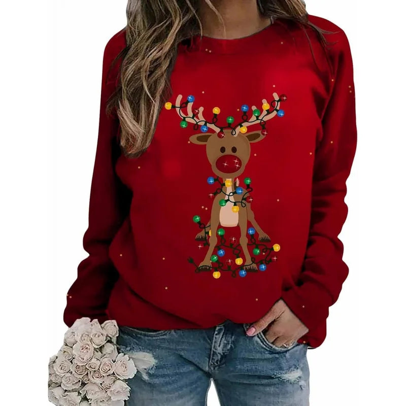 LuxeOrbit Red women's Christmas sports shirt reindeer snowflake round neck long sleeved plus size top