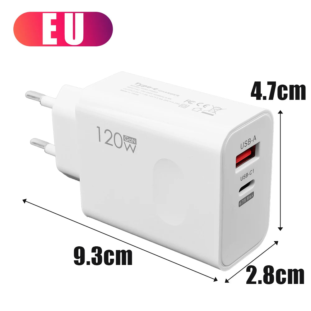 LuxeOrbit 120W USB Type C PD Super Fast Charger 10A Cable Gan Fast Charging Quick Power Adapter for IPhone Xiaomi Samsung OnePlus Huawei