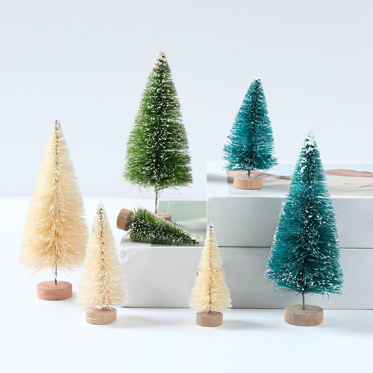 LuxeOrbit Artificial Mini Wooden Christmas Tree Blue Green White Gold Tower Pine Small Sisal Christmas Tree Tabletop Ornament Decor