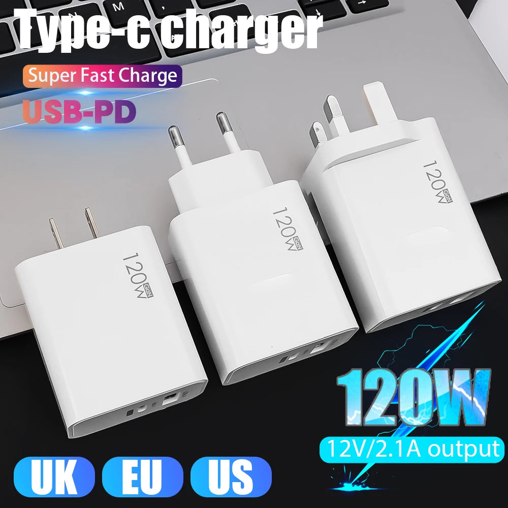 LuxeOrbit 120W USB Type C PD Super Fast Charger 10A Cable Gan Fast Charging Quick Power Adapter for IPhone Xiaomi Samsung OnePlus Huawei