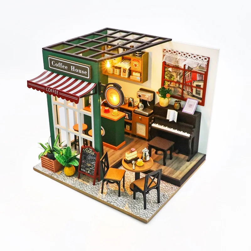 LuxeOrbit DIY 3D Puzzles Wooden Toy Miniature Dollhouse Handmade Doll House Model Building Kits Coffee House Toys For Children Gifts