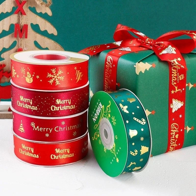 LuxeOrbit 5yards 1inch 25mm Christmas Ribbon Printed Christmas Polyester Ribbon For Handmade Design Christmas Decoration DIY Gift Packing