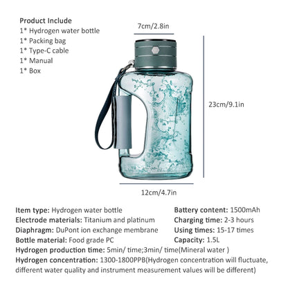 LuxeOrbit 1.5L Hydrogen Water Bottle Electric Hydrogen Rich Sports Water Bottle Generator Bottle Titanium Quality Filter Water Cup