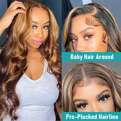 LuxeOrbit 13x6 Highlight Lace Frontal Wig Human Hair Body Wave Ombre Colored Honey Blonde Lace Front Human Hair Wigs For Women Pre Plucked