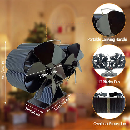 LuxeOrbit Wood Stove Fan Heat Powered Dual Silent Motors 6 Blades Non-Electric Heat Activated Fireplace Fan with Bracket and Magnetic Ther