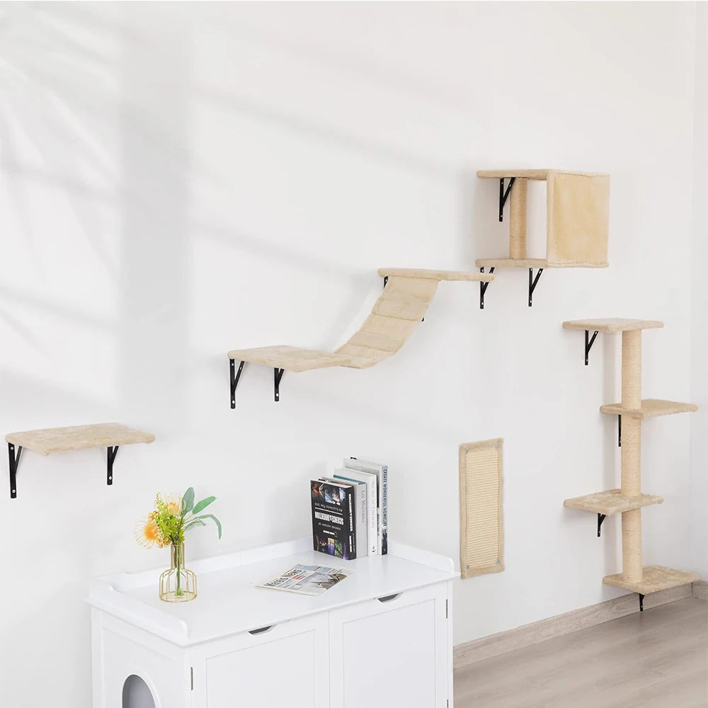 LuxeOrbit Cat Climbing Tree Wall Mounted Wooden Cat Shelves Jumping Furniture Cat Scratching Post Hammock Stairs Playing Climbing Frame