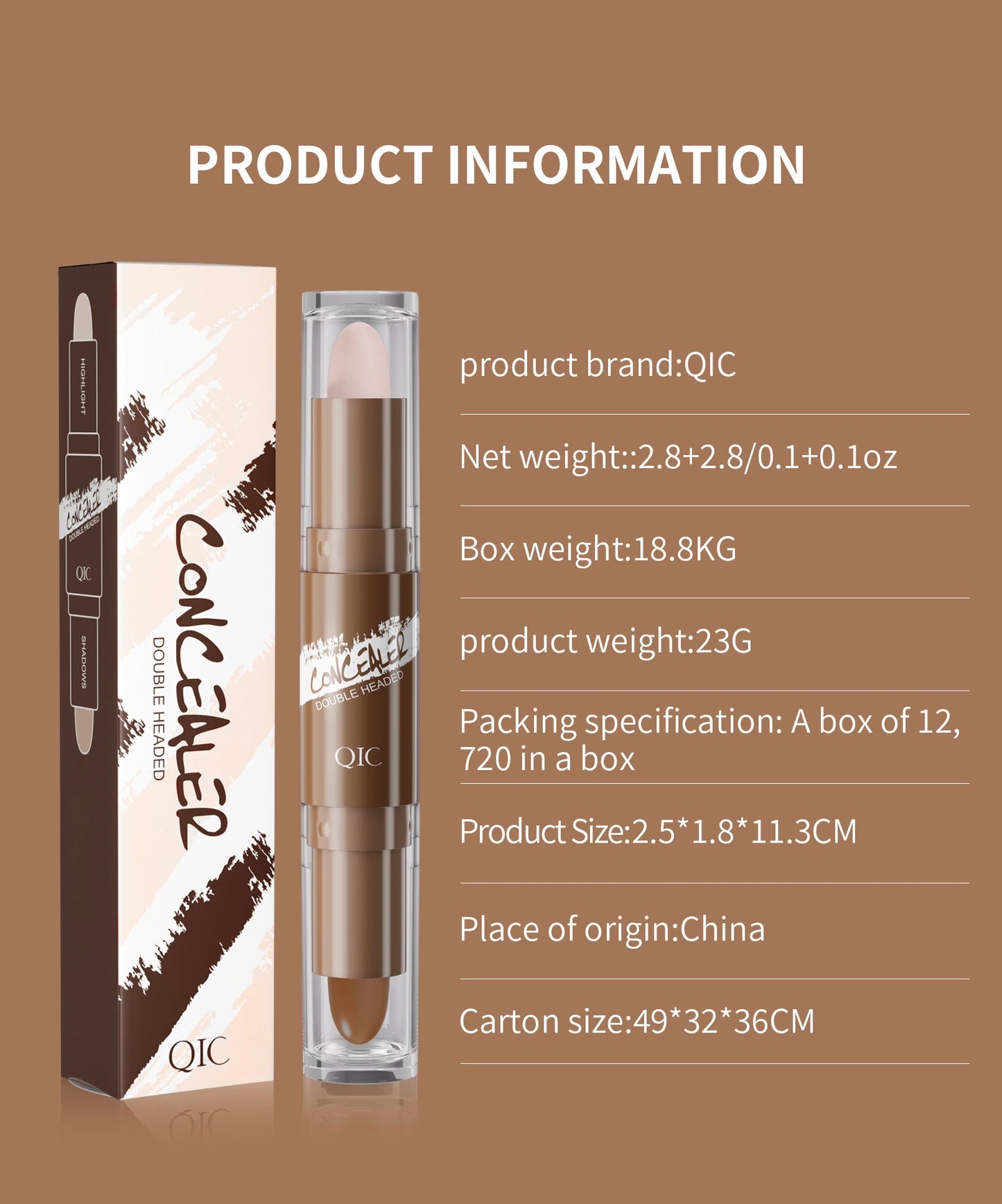 Brown Tube Dual Ended Finishing Stick Highlighting Highlighting Shadow Face Contouring Concealer Stick