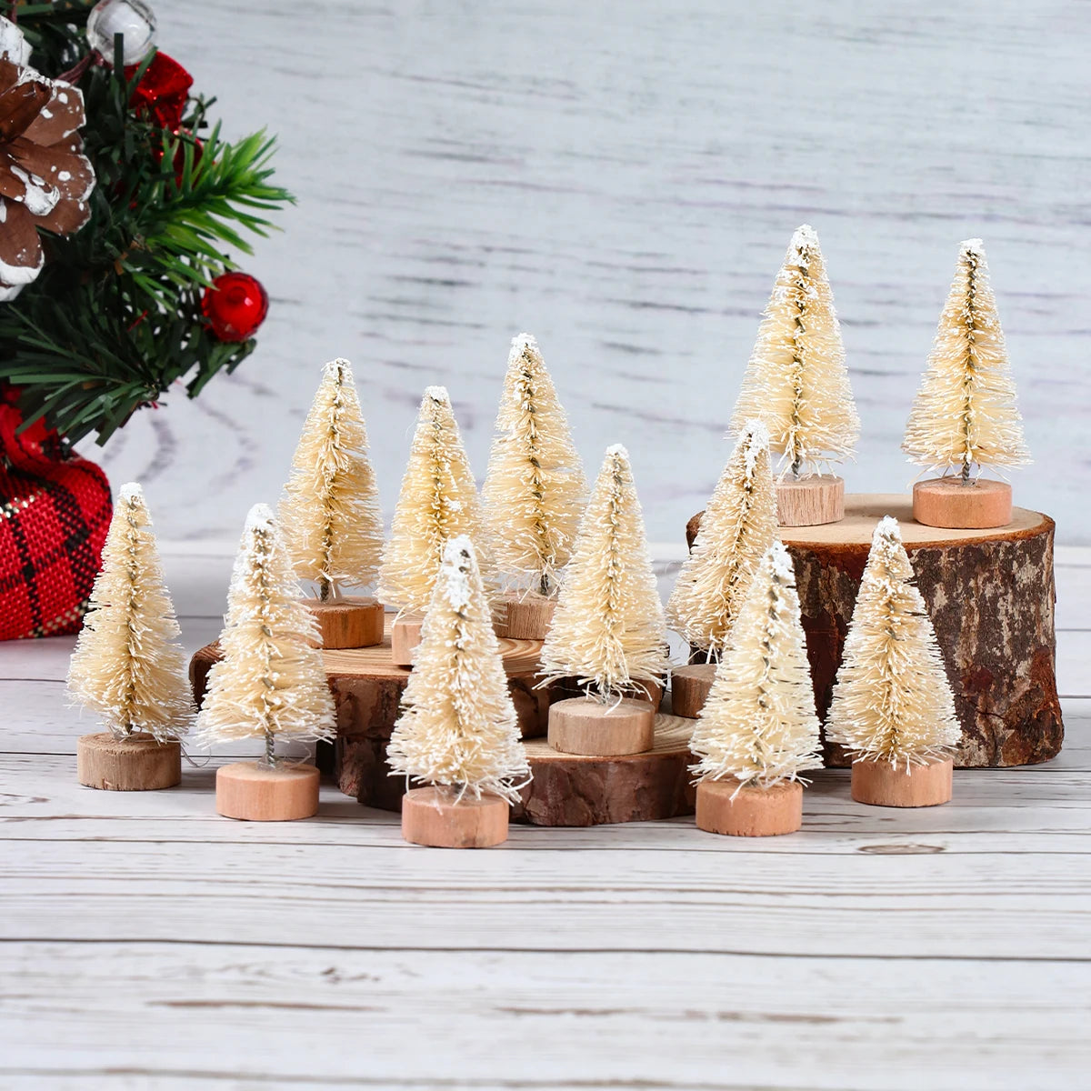 LuxeOrbit Artificial Mini Wooden Christmas Tree Blue Green White Gold Tower Pine Small Sisal Christmas Tree Tabletop Ornament Decor