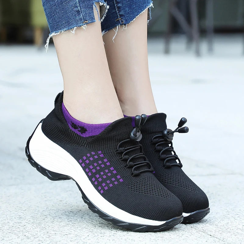 LuxeOrbit Women Walking Trainers Fashion Fly Weaving Sock Sneakers Breathe Comfort Nursing Shoes Casual Platform Loafers Non-Slip