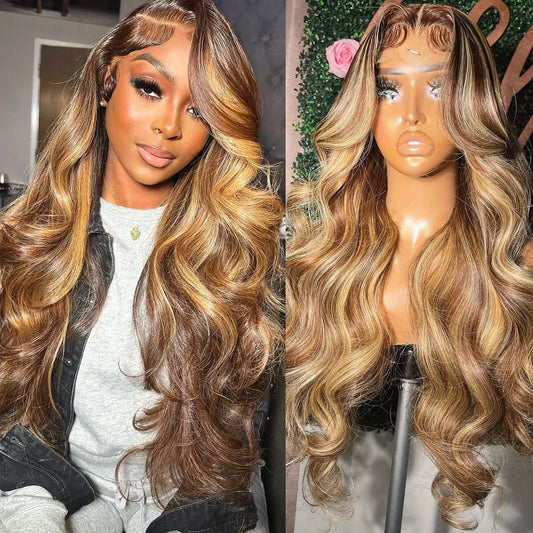 LuxeOrbit 13x6 Highlight Lace Frontal Wig Human Hair Body Wave Ombre Colored Honey Blonde Lace Front Human Hair Wigs For Women Pre Plucked