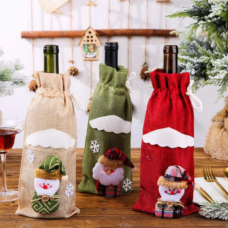 LuxeOrbit Creative Christmas Wine Bottle Set Golden Velvet Dress Wine Bottle Covers Sleeve Santa Snowman Xmas New Year Dinner Table Decor