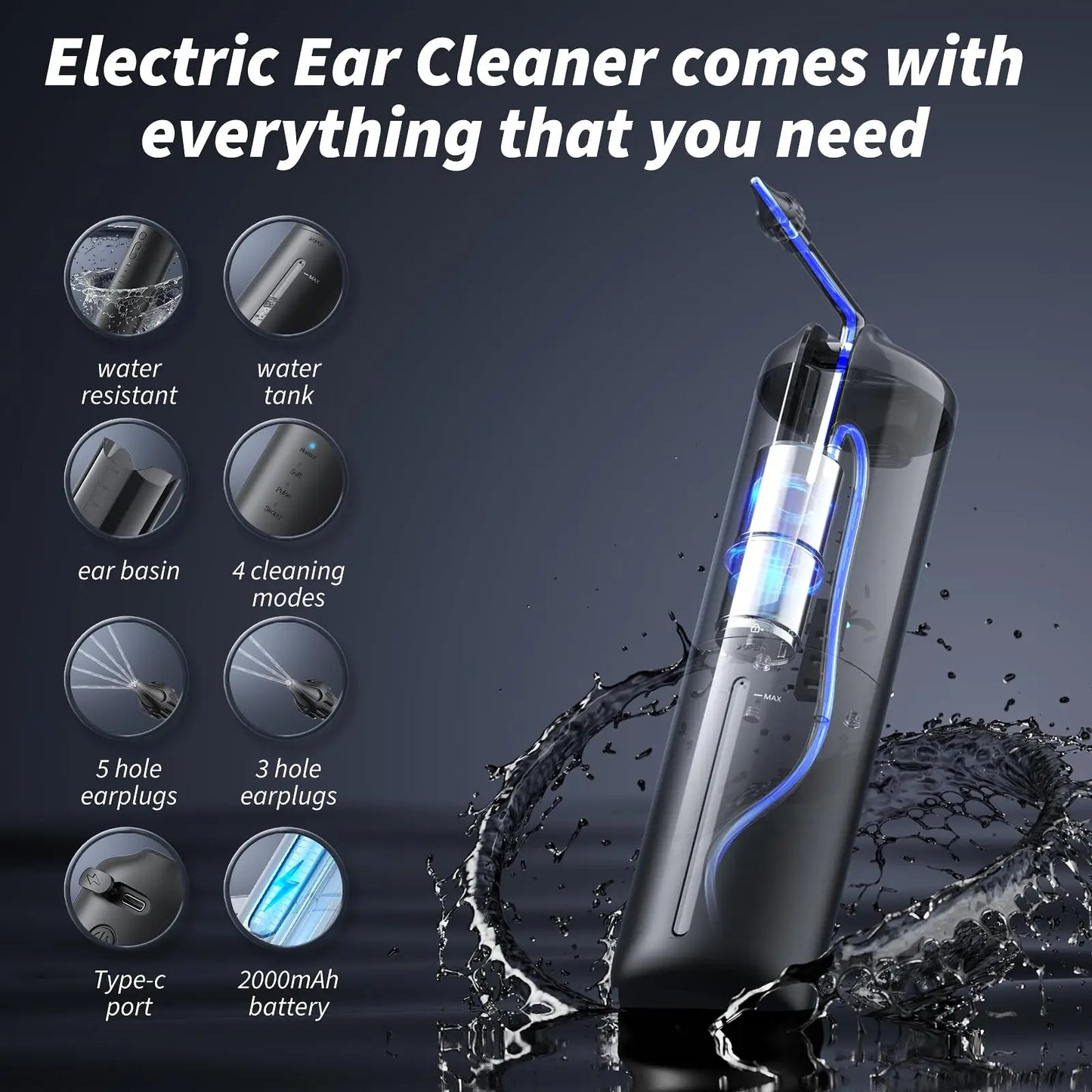 LuxeOrbit Ear Wax Removal - Electric Ear Cleaner - Ear Cleaning Kit-Ear Irrigation Kit Safe Ear Irrigation Flushing System with 4 Pressure