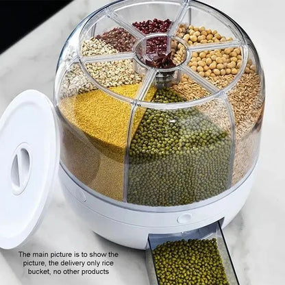 LuxeOrbit 360° Rotating Grain Dispenser Transparent Sealed Jar Circular Kitchen Rice 1 Pcs