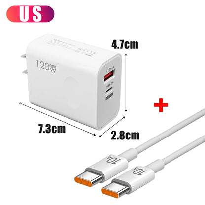 LuxeOrbit 120W USB Type C PD Super Fast Charger 10A Cable Gan Fast Charging Quick Power Adapter for IPhone Xiaomi Samsung OnePlus Huawei