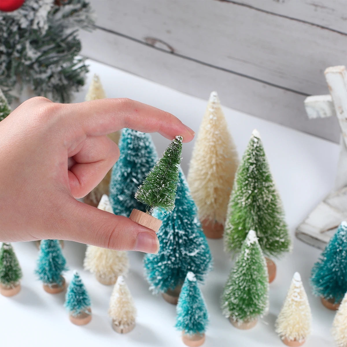 LuxeOrbit Artificial Mini Wooden Christmas Tree Blue Green White Gold Tower Pine Small Sisal Christmas Tree Tabletop Ornament Decor