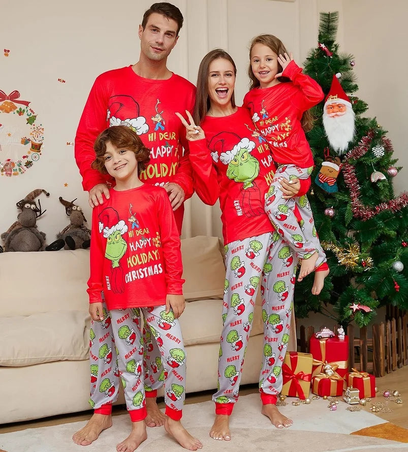 LuxeOrbit 2024 Christmas Matching Family Pajamas Xmas The GRC Cartoon Print Pjs Adult Child Clothing Outfit Set Baby Jumpsuit+Dog Clothes