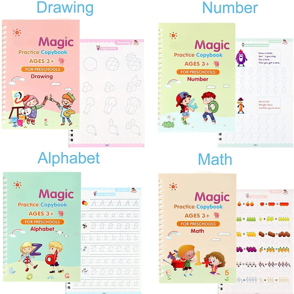 LuxeOrbit 4 Books Pen Magic Copybook Free Wiping Children's Kids Writing Sticker Practice English Copybook For Calligraphy Montessori Gift