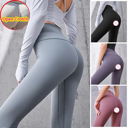 LuxeOrbit Woman Skinny Sexy Open Crotch Leggings Couple Outdoor Sport Crotchless Panties Booty Lifting Pants with Hidden Zipper Trousers