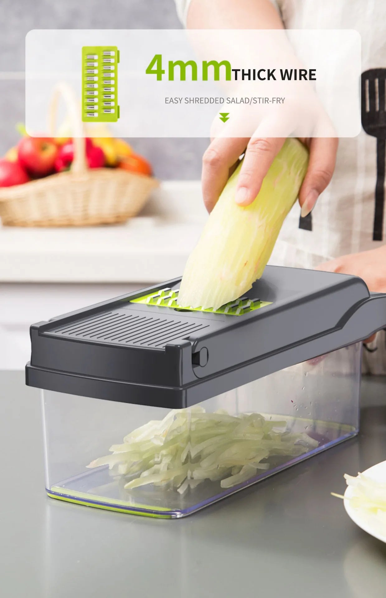 LuxeOrbit 1Pc Green Black 12 in 1 Multifunctional Vegetable Slicer Cutter Shredders Slicer With Basket Fruit Potato Chopper Carrot Grater