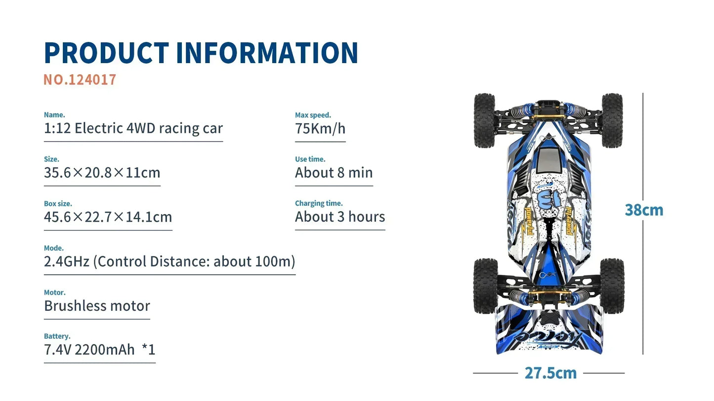 LuxeOrbit 124017 75KM/H 4WD RC Car Professional Monster Truck High Speed Drift Racing Remote Control Cars Children's Toys for Boys