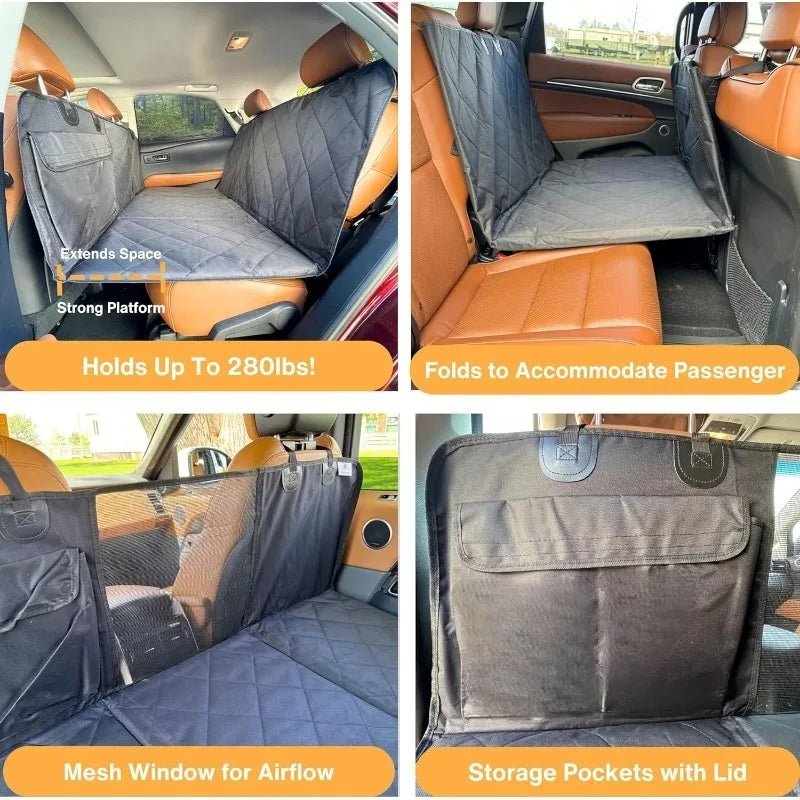 LuxeOrbit Car Seat Cover Waterproof Dog Car Seat Cover with Mesh Window and Storage Pockets Dogs Car Backseat Extender SUV Car Travel Bed