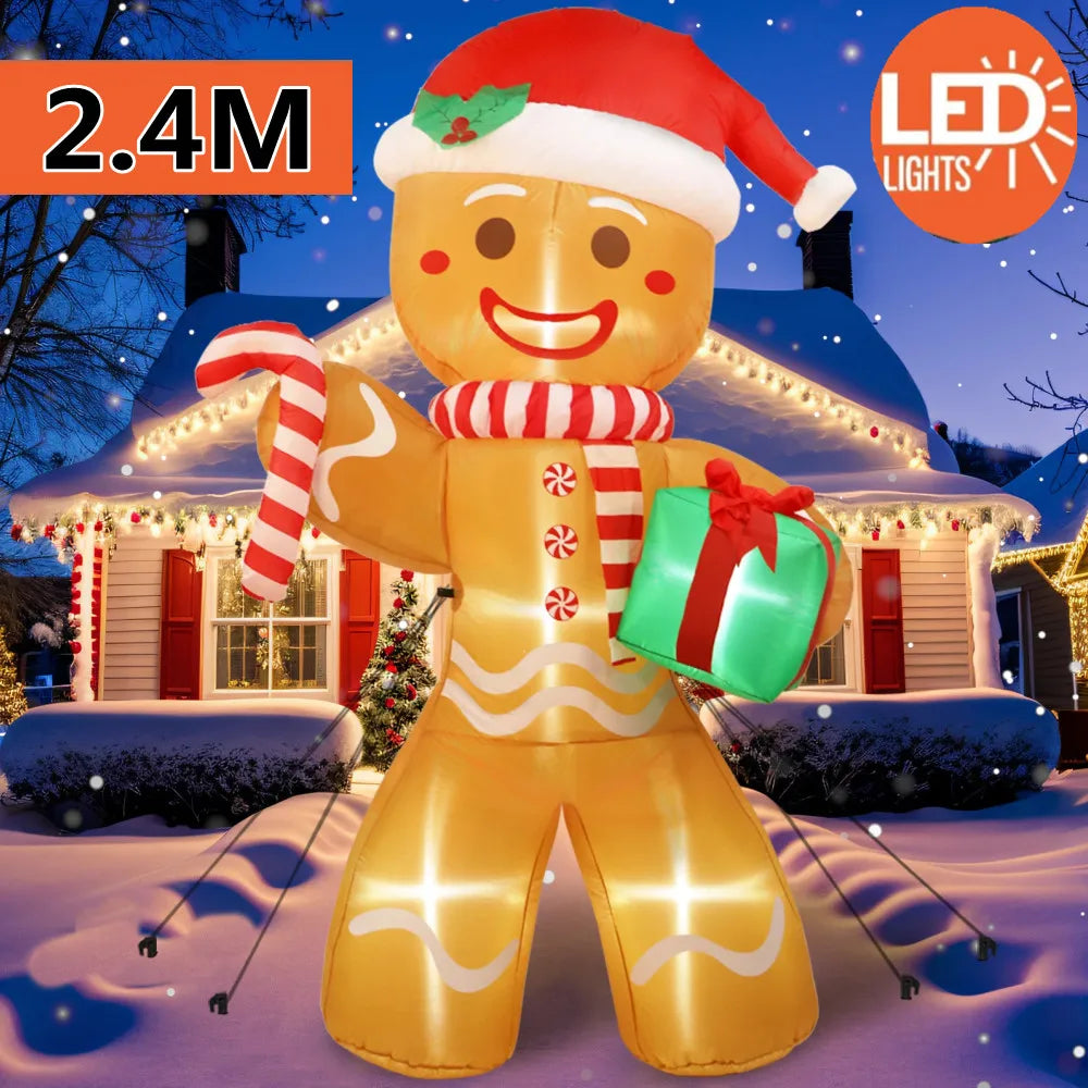 LuxeOrbit 8FT/2.4M Christmas Inflatables Gingerbread Man with Gift Pack Outdoor Decorations Xmas Yard Decorations with LED Lights for Lawn