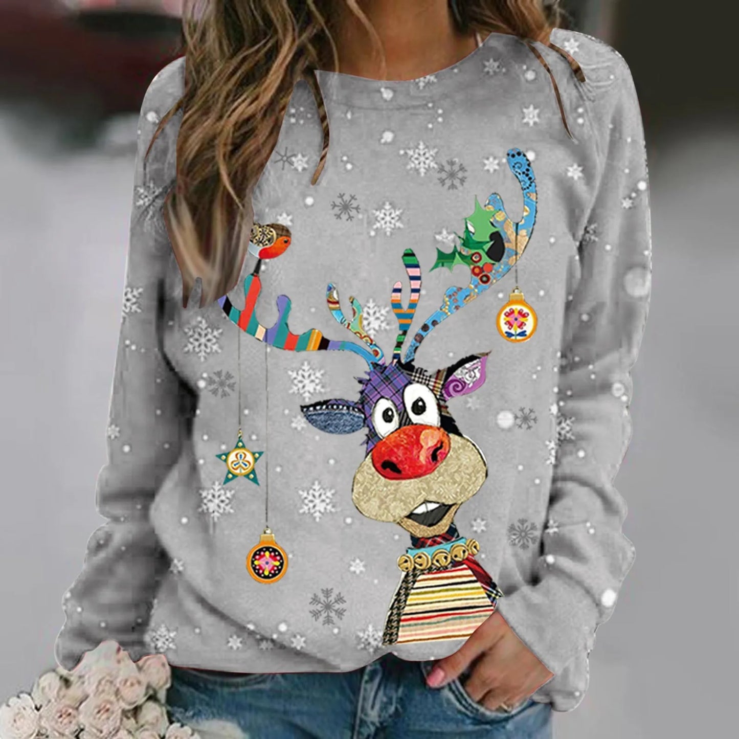 LuxeOrbit 2024 Foreign Trade Autumn Clothing New Amazon Wish AliExpress Christmas Pattern Printed Long Sleeve Round Neck Hoodie for Women