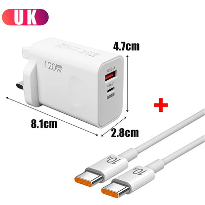 LuxeOrbit 120W USB Type C PD Super Fast Charger 10A Cable Gan Fast Charging Quick Power Adapter for IPhone Xiaomi Samsung OnePlus Huawei