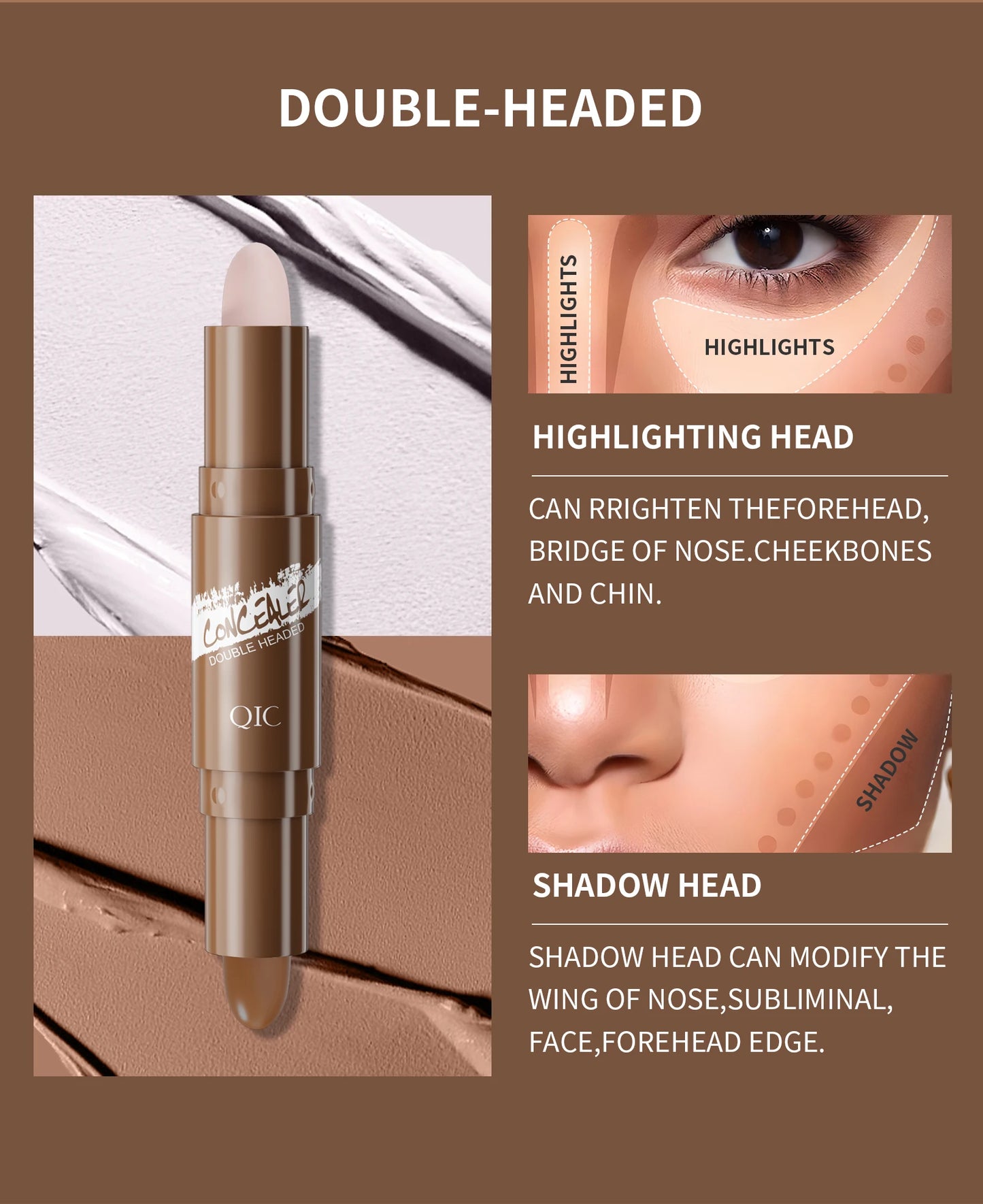 Brown Tube Dual Ended Finishing Stick Highlighting Highlighting Shadow Face Contouring Concealer Stick