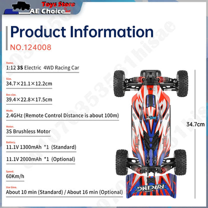 LuxeOrbit 124008 1/12 V8 Brushless RC Car 65Km/H High Speed 4WD Drive Off-Road 2.4G 11.1V 1300mAh RC Car Toy Gift