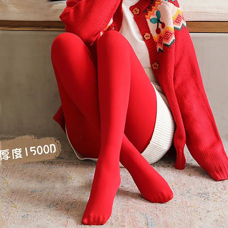 LuxeOrbit 160g 300g New Design Bright Women Red Leggings Wedding Autumn Winter Plush Thickened Pantyhose Wear Benmingnian Warm Pants