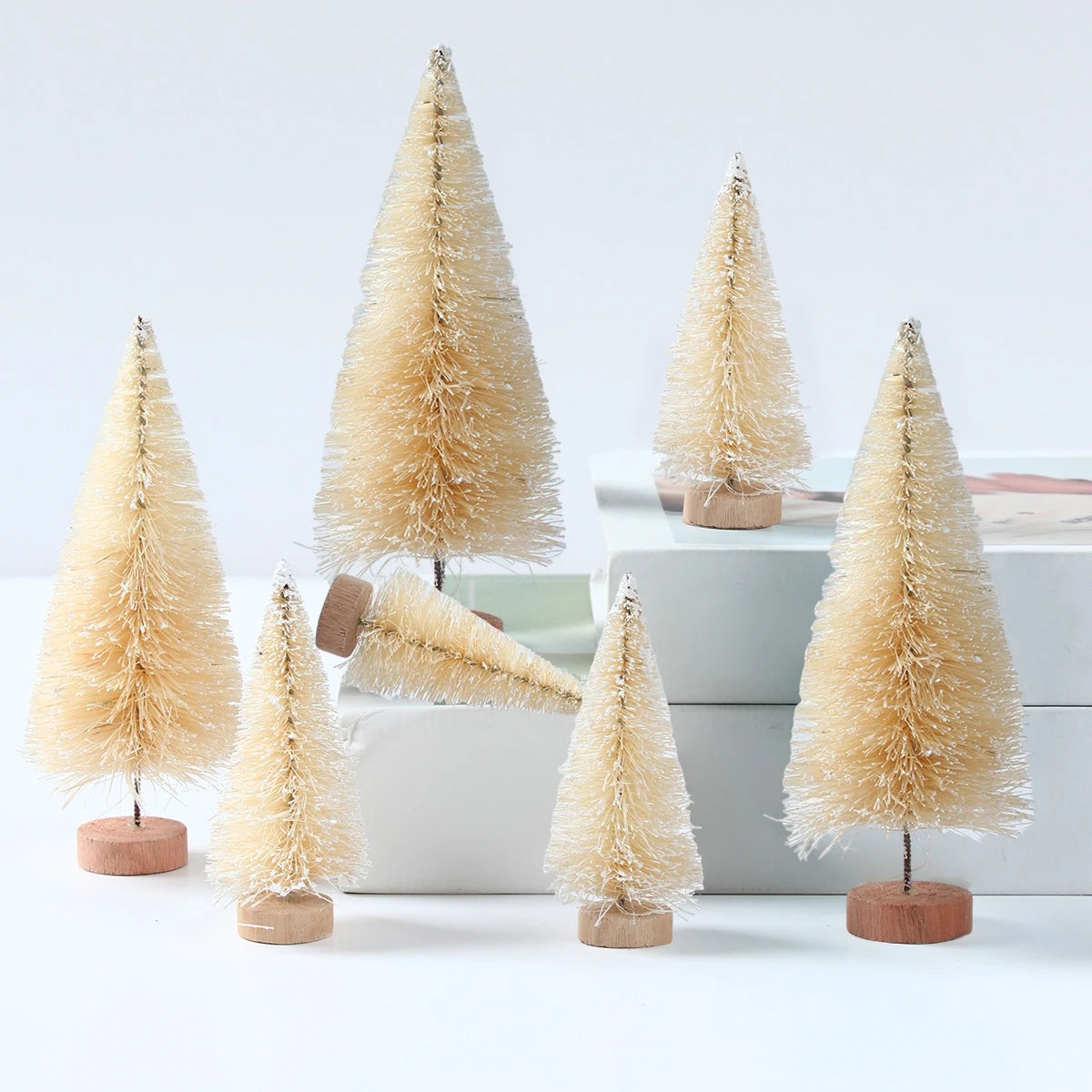 LuxeOrbit Artificial Mini Wooden Christmas Tree Blue Green White Gold Tower Pine Small Sisal Christmas Tree Tabletop Ornament Decor