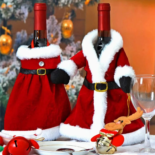 LuxeOrbit Creative Christmas Wine Bottle Set Golden Velvet Dress Wine Bottle Covers Sleeve Santa Snowman Xmas New Year Dinner Table Decor