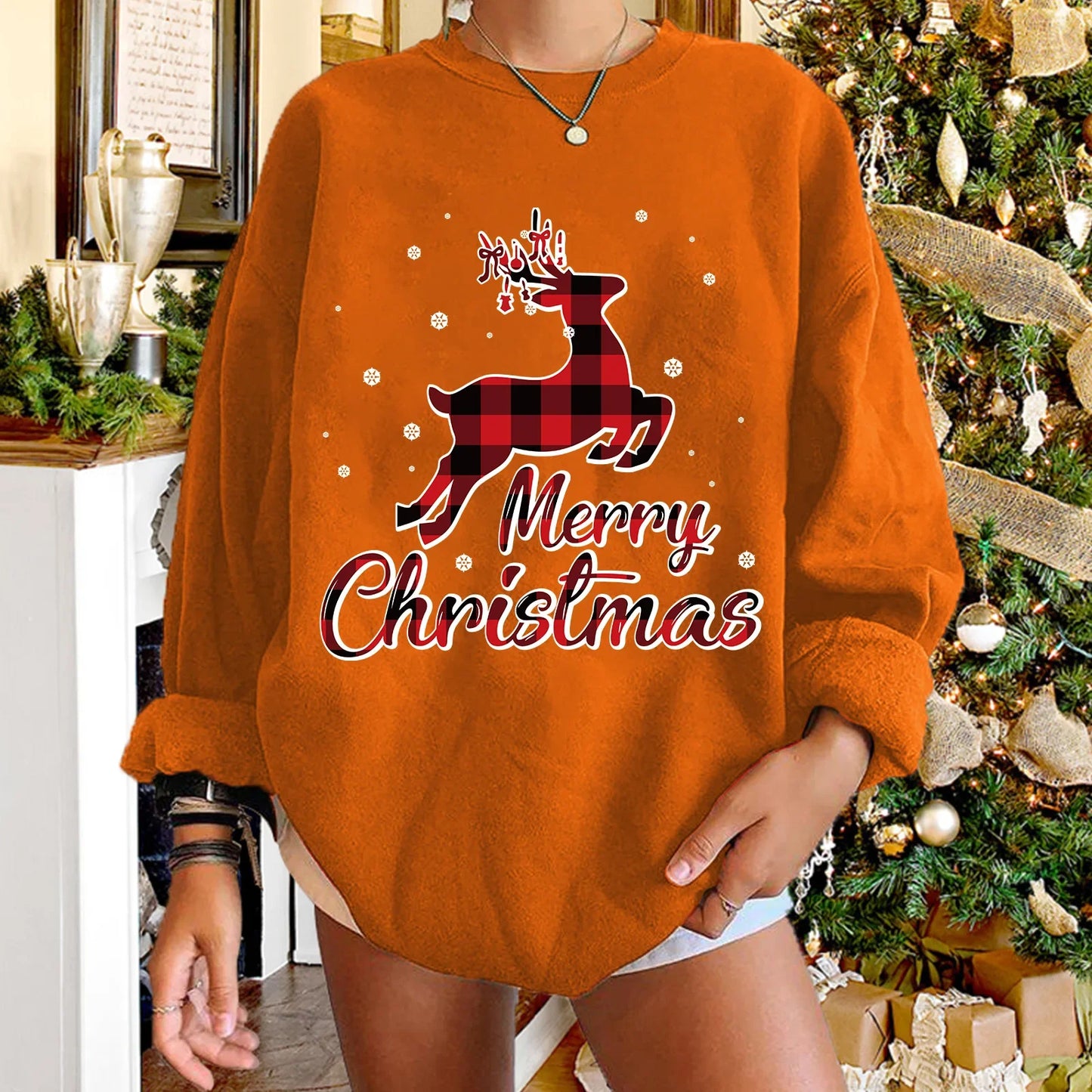 LuxeOrbit Christmas Sweatshirt Women's Merry Christmas Hoodies & Sweatshirts Crew Neck Standard Thickness Santa's Reindeer Christmas Sweat