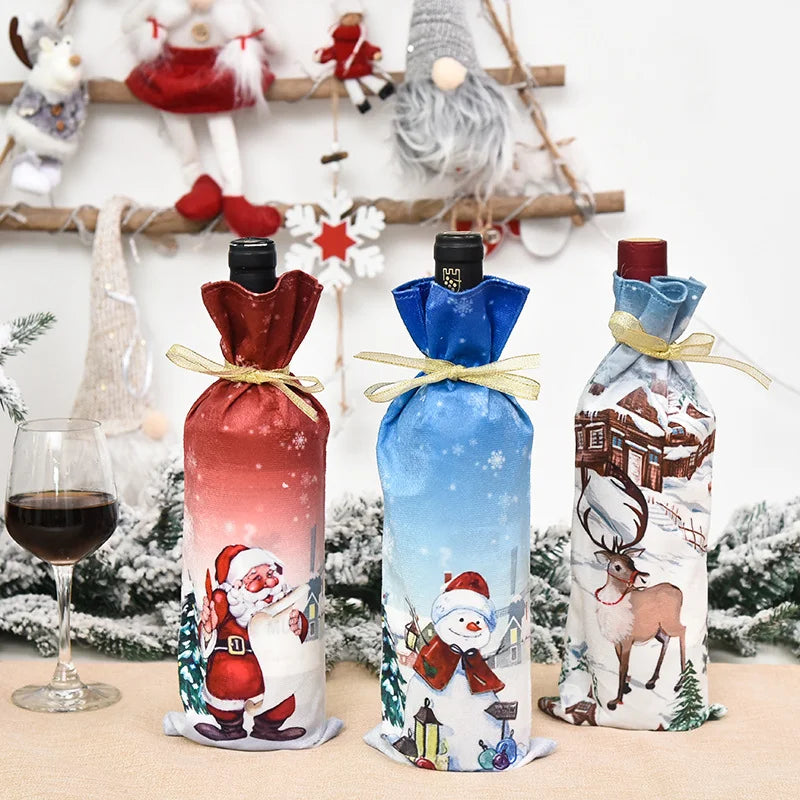 LuxeOrbit Creative Christmas Wine Bottle Set Golden Velvet Dress Wine Bottle Covers Sleeve Santa Snowman Xmas New Year Dinner Table Decor