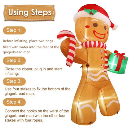 LuxeOrbit 8FT/2.4M Christmas Inflatables Gingerbread Man with Gift Pack Outdoor Decorations Xmas Yard Decorations with LED Lights for Lawn